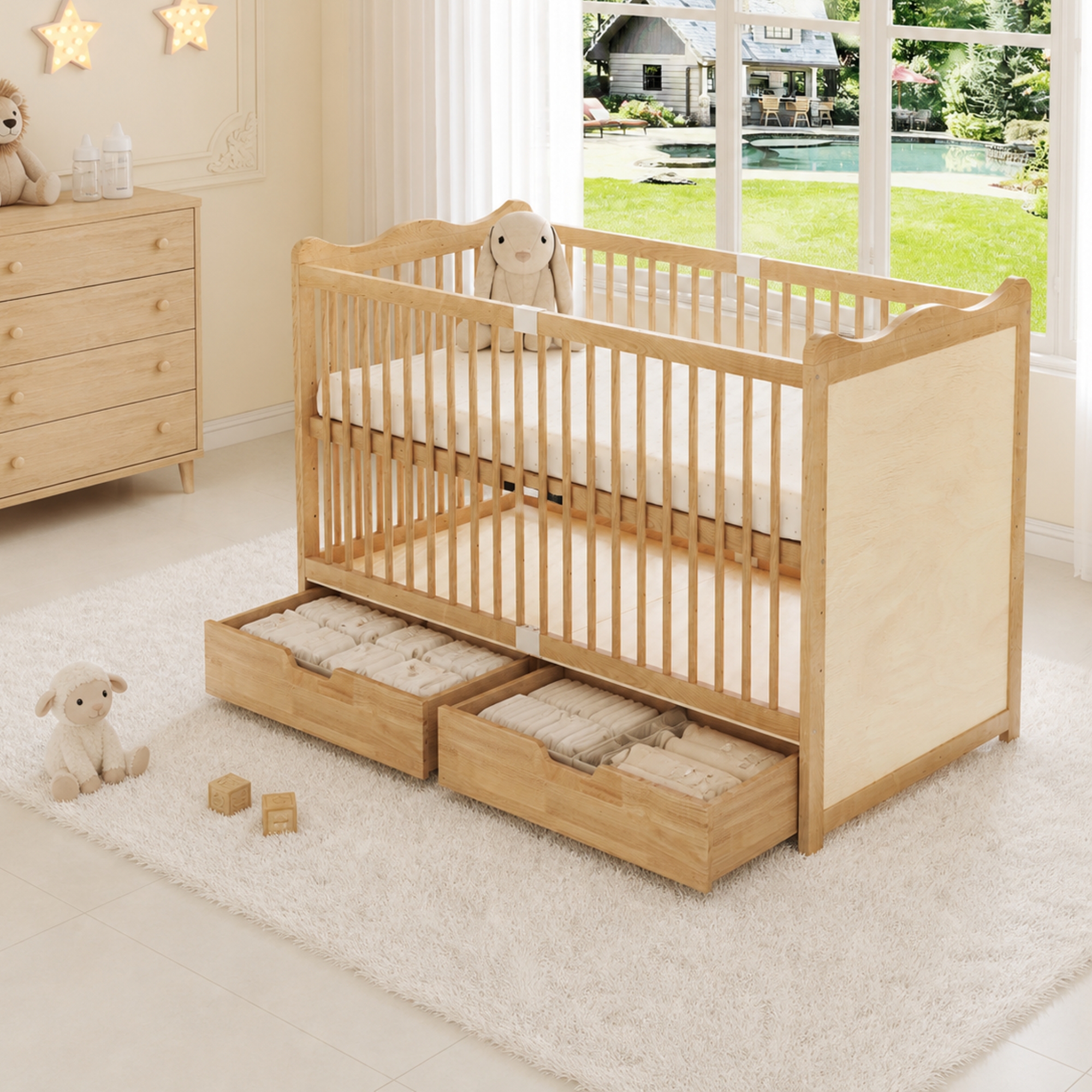 Solid stable slatted baby crib, 4 height-adjustable levels, baby crib with drawers, untreated pine w