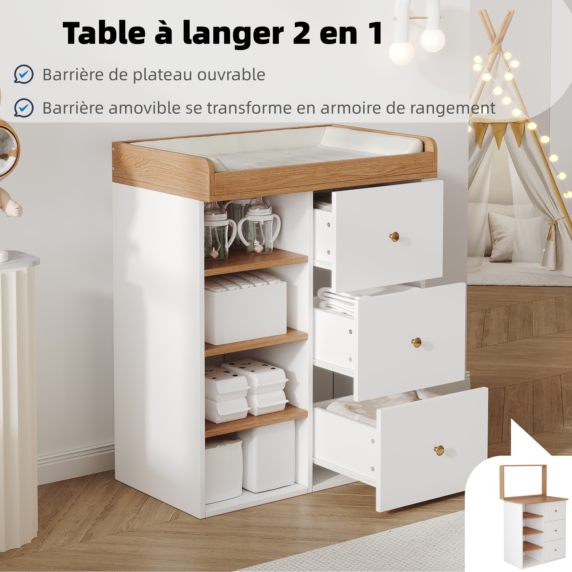 2-in-1 Baby Changing Dresser, Multifunctional Changing Dresser, Removable Rail, Changing Dresser wit