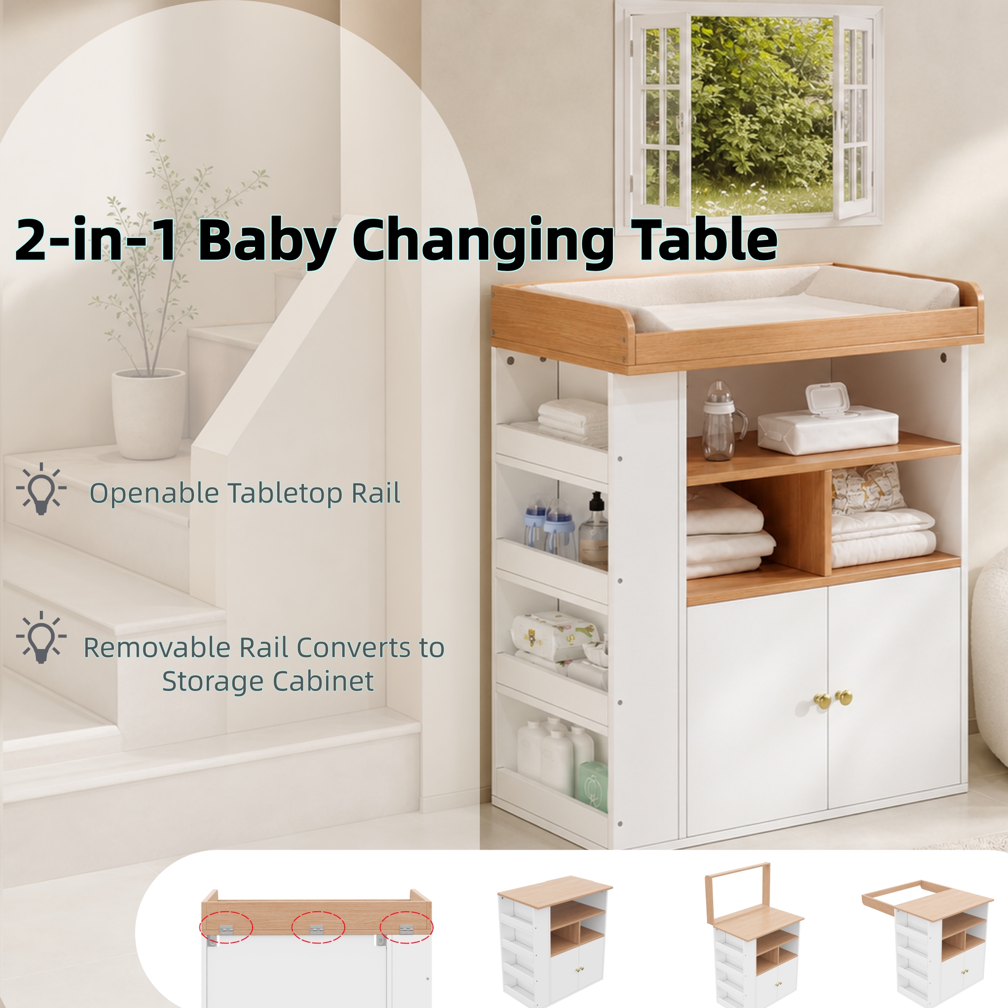 Baby Changing Dresser, 2-in-1 Multifunctional Changing Dresser, Removable Rail, Changing Dresser wit