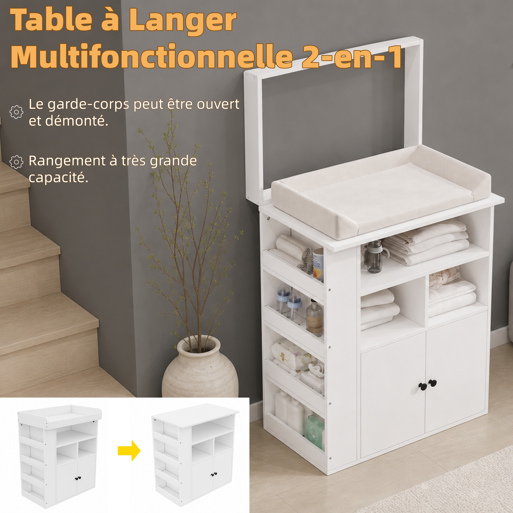 Baby Changing Dresser, 2-in-1 Multifunctional Changing Dresser, Removable Rail, Changing Dresser wit