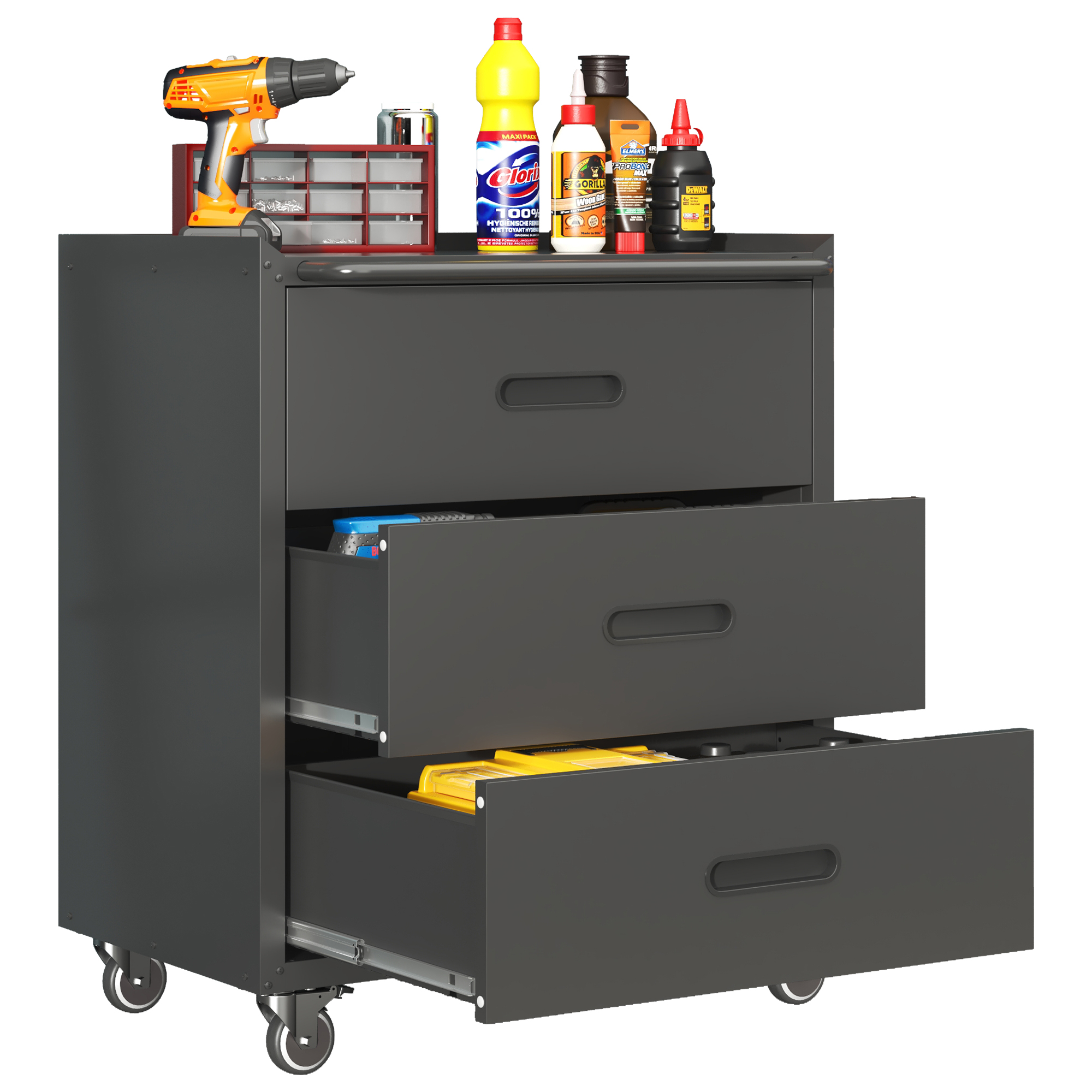 High-quality rollable metal tool cabinet – 3-drawer tool cabinet, 75 × 42 × 88 cm, black/grey, for g