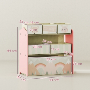 Kids cabinet with 6 fabric boxes, cute motif, 63x30x66 cm, Pink