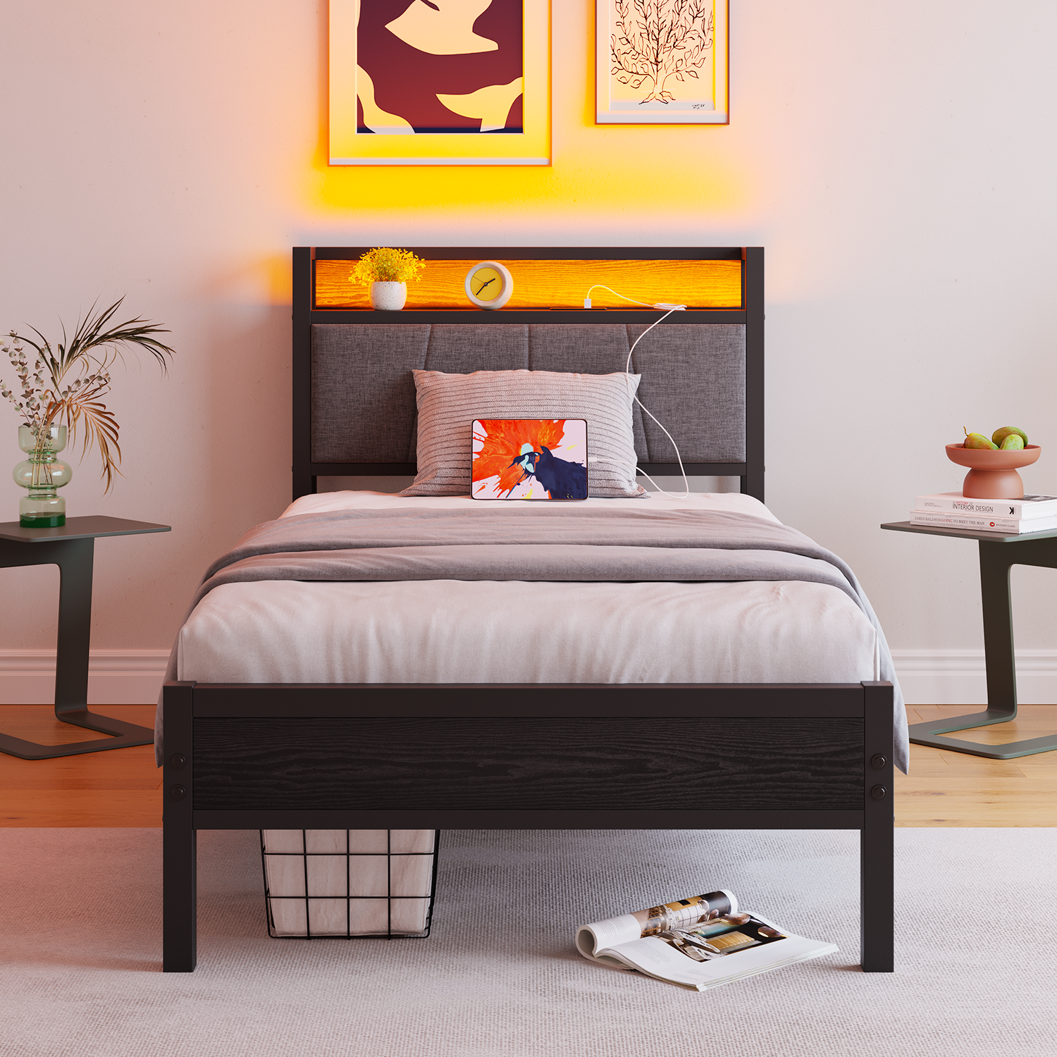 90x200cm Size Bed Frame with Smart LED Lights, Storage Headboard with USB Charging Station, Heavy Du