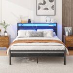 Storage bed 140x200 with metal frame, USB charging & LED lighting, modern storage bed with headboard