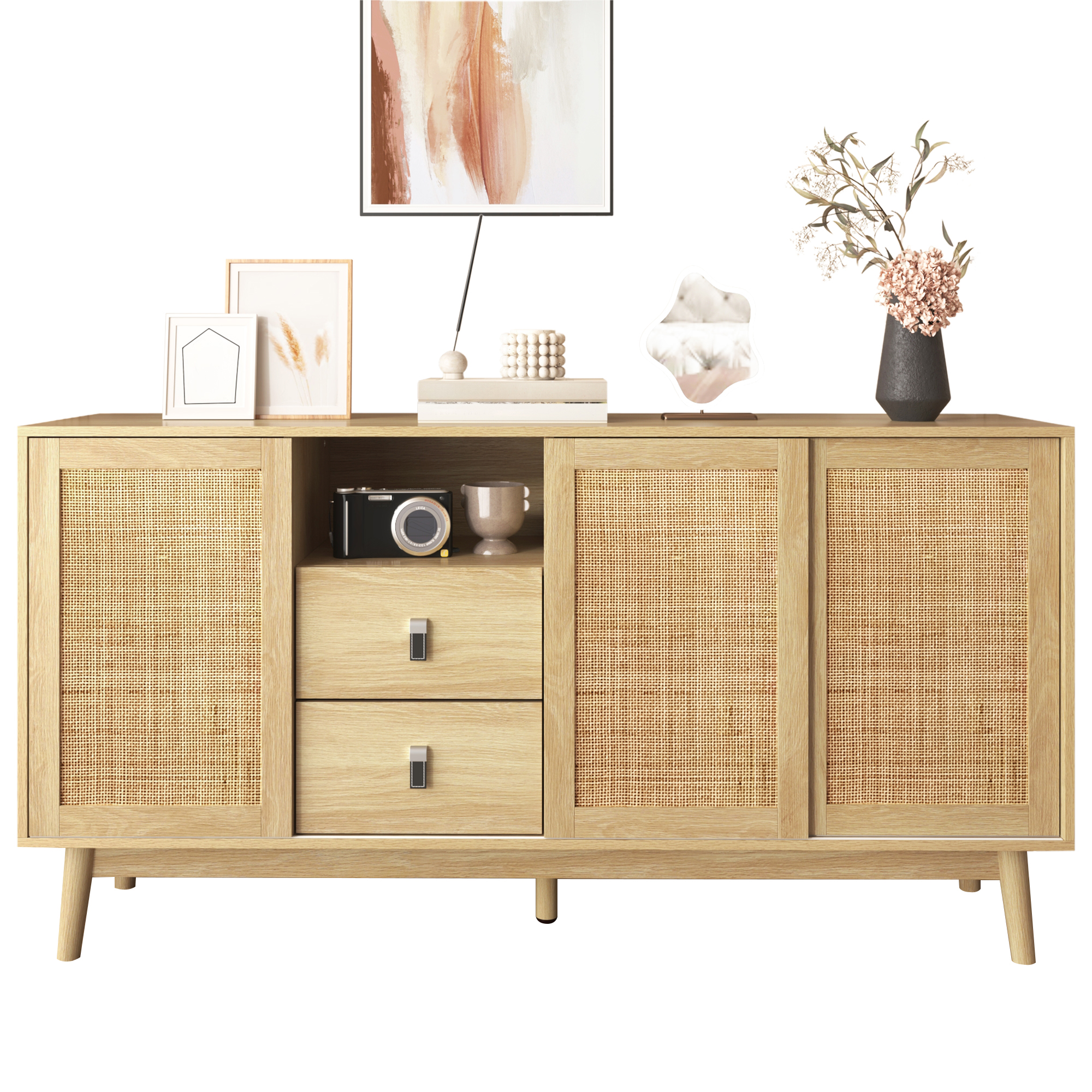 Sideboard with 3 sliding doors made of real rattan and 2 drawers, 155x38x80 cm, breathable, sturdy a