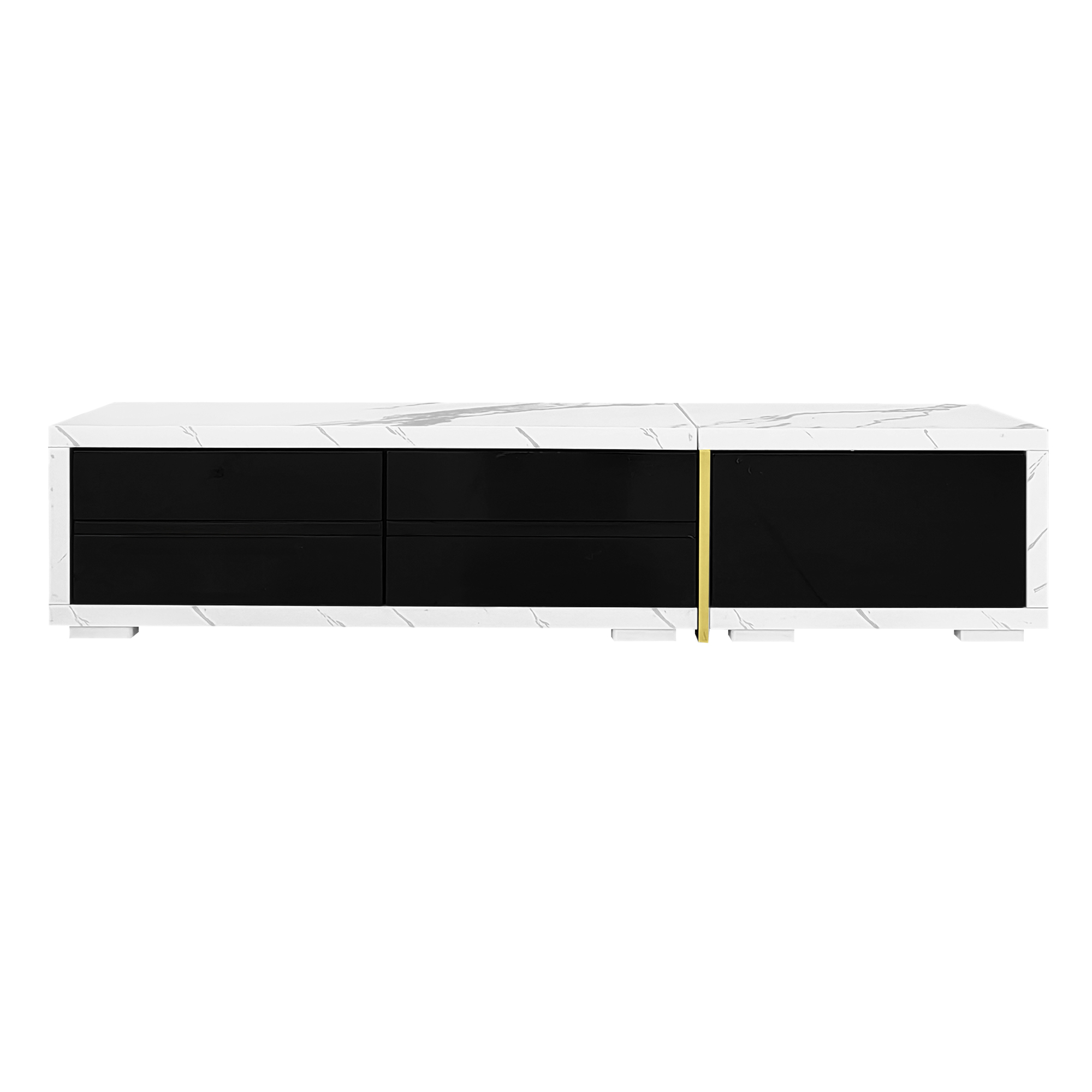Moderner TV-Schrank mit variabler Länge (140-260 cm), drehbarer Funktion, weißer Marmoroptik, schwar