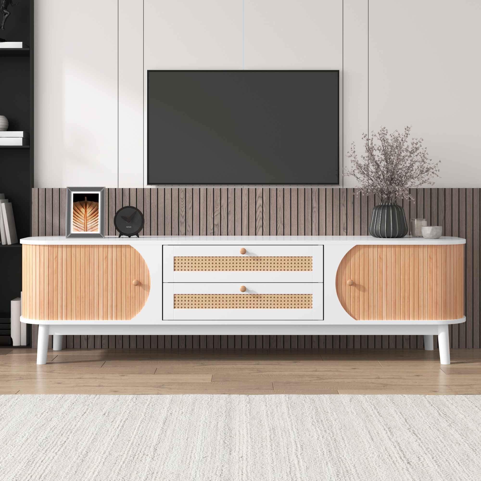 01 TV cabinet in a natural wood blend with doors and drawers. TV stand with rattan sides. Storage solut - Image 1