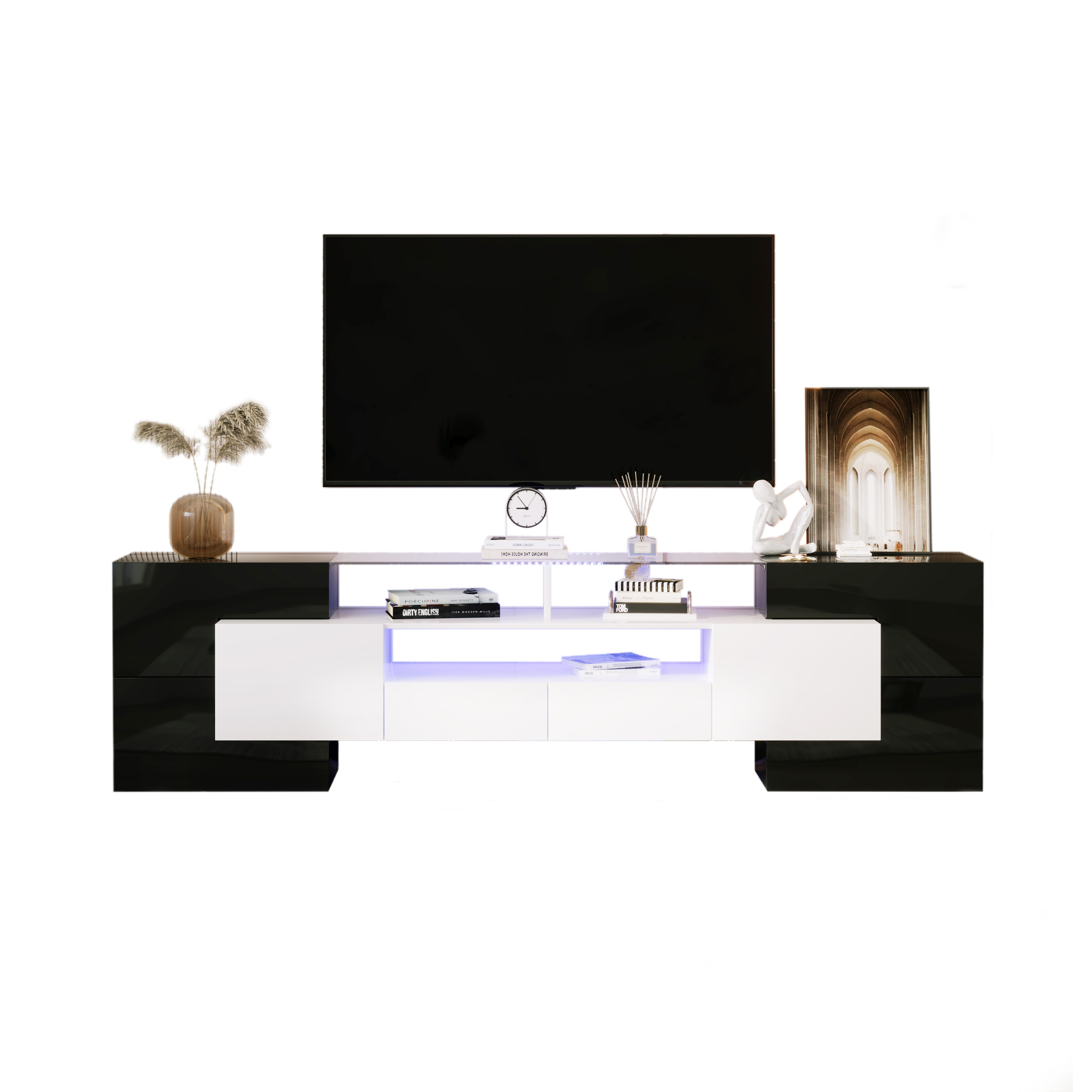Stylish TV cabinet, low panel. High-gloss white and black, 200 cm, LED lighting. Living room furnitu