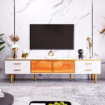TV Cabinet in Marble Look, TV Stand with 4 Legs, LED, 4 Textured Drawers with Gold Handles and Two B