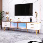TV Cabinet in Marble Look, TV Stand with 4 Legs, LED, 4 Textured Drawers with Gold Handles and Two B - Image 5