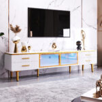 TV Cabinet in Marble Look, TV Stand with 4 Legs, LED, 4 Textured Drawers with Gold Handles and Two B - Image 6