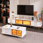 TV Cabinet in Marble Look, TV Stand with 4 Legs, LED, 4 Textured Drawers with Gold Handles and Two B - Image 7