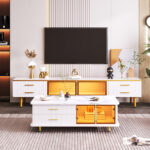 TV Cabinet in Marble Look, TV Stand with 4 Legs, LED, 4 Textured Drawers with Gold Handles and Two B - Image 8