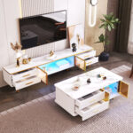 TV Cabinet in Marble Look, TV Stand with 4 Legs, LED, 4 Textured Drawers with Gold Handles and Two B - Image 9