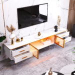 TV Cabinet in Marble Look, TV Stand with 4 Legs, LED, 4 Textured Drawers with Gold Handles and Two B - Image 10