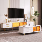 TV Cabinet in Marble Look, TV Stand with 4 Legs, LED, 4 Textured Drawers with Gold Handles and Two B - Image 11