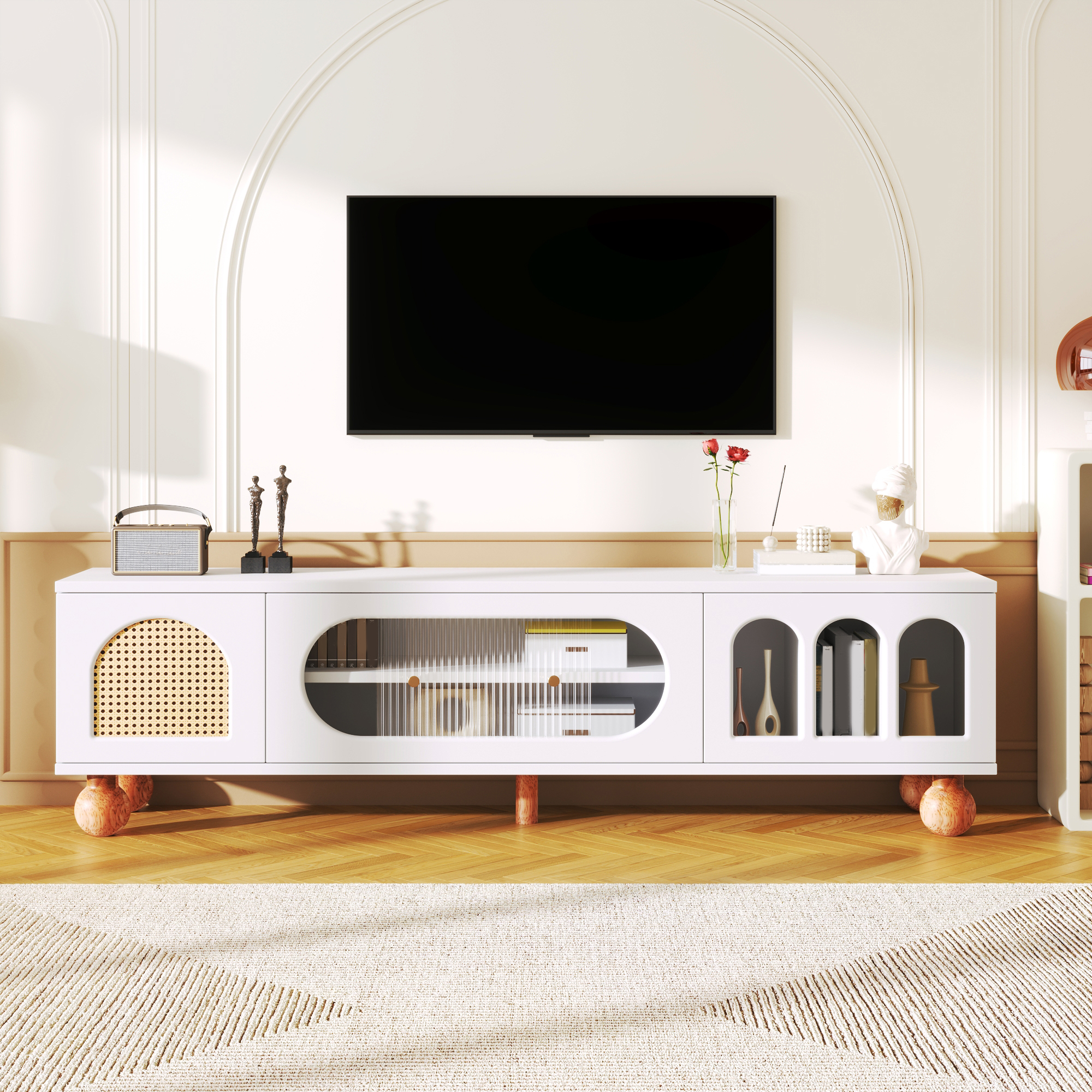 TV-Möbel, TV-Möbel mit Rattan-ähnlicher Tür, Glasschiebetür, drei offenen Bogenbereichen, lowboard m